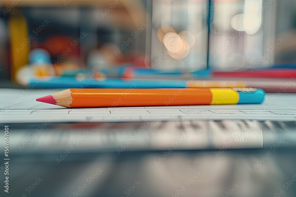 Poster detailed color picture of a colorful pencil is laying on a table with a ruler in the background