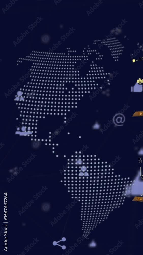 Poster animation of data processing with icons over globe