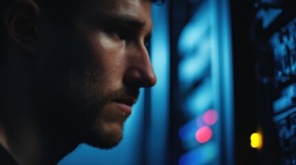 Side profile of a man working with digital interface in front of a supercomputer rack, cyber blue tones, clear space for text