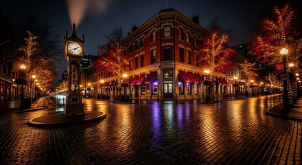 Historic city street at night illuminated by twinkling lights and reflecting on wet cobblestones