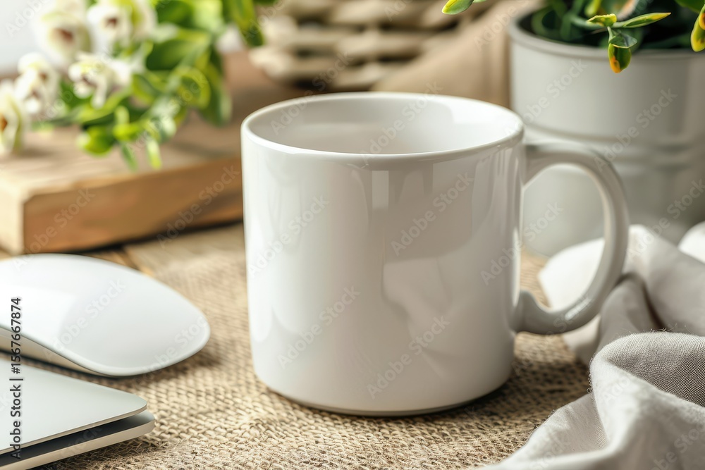 Poster high resolution of white mug with notebook and computer mouse
