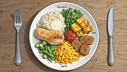 Balanced Meal Plate with Labeled Protein and Fat Sections Featuring Chicken, Egg, Sweet Potatoes, and Greens &ndash; Nutrition Education and Healthy Eating Concept