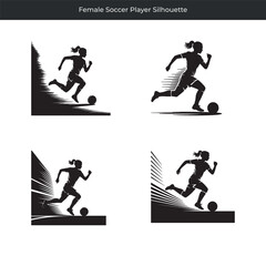 Dynamic silhouette collection depicting a female soccer player running with football.