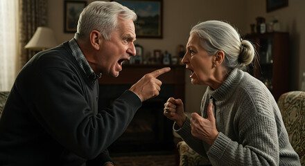 Elderly couple arguing while sitting on sofa in living room