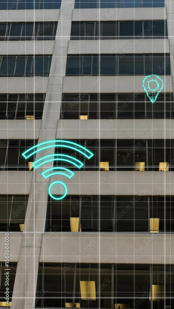 Poster animation of cloud and wifi icons, data processing over building