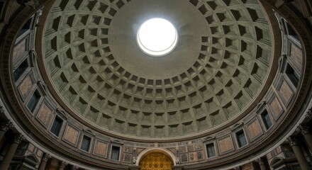 Pantheon's interior showcases a majestic dome, coffered ceiling, and oculus, illuminating the space below