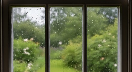 Naklejka premium Raindrops on a Window: A Serene View of Lush Greenery Through Wet Glass