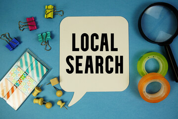 Local Search text with magnifying glass on blue background