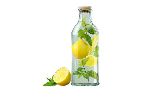 Minimal glass bottle of infused water with lemon and mint, aesthetic hydration concept, transparent PNG