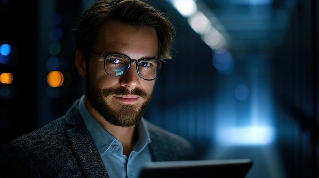 Stylish portrait of IT specialist wearing glasses, interacting with data on tablet, server rack glowing behind, text zone on right