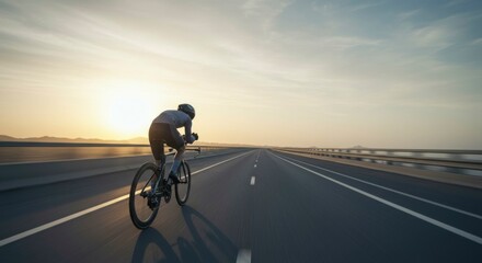Cyclist speeds down a long, straight road at sunset, the sun creating a warm glow