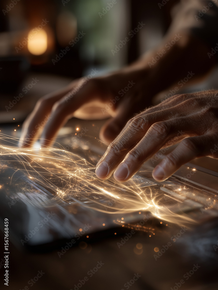 Poster digital symphony: close-up shot of hands typing on a keyboard with illuminating light trails, evokin