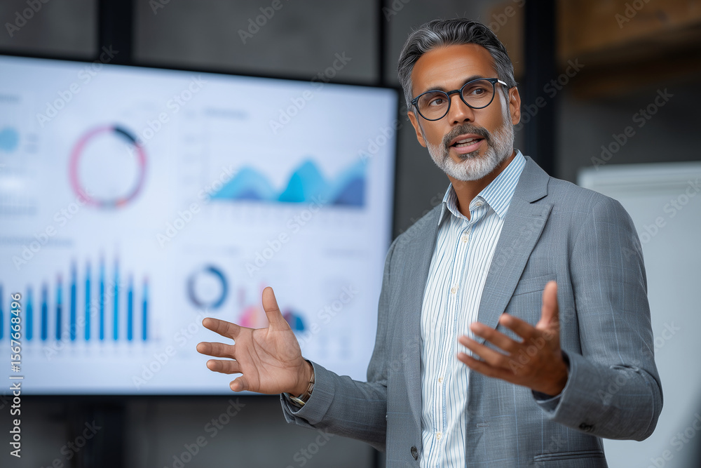 Poster a man in a gray suit stands in front of a large monitor displaying graphs
