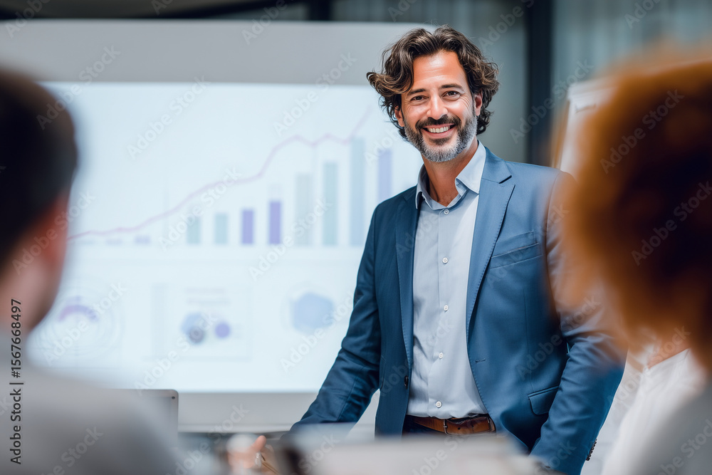Poster a man in a suit stands in front of a projection screen with a smile on his face