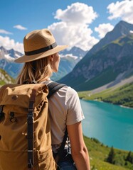 Primer plano de un mochilero asomado en un risco con maravillosas vistas a un lago y valle entre monta&ntilde;as. Aventura, excursionismo, naturaleza