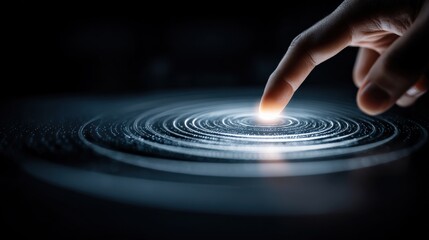 Touchscreen gesture creating ripple in digital network, representing mobile technology and decentralized finance, space on right