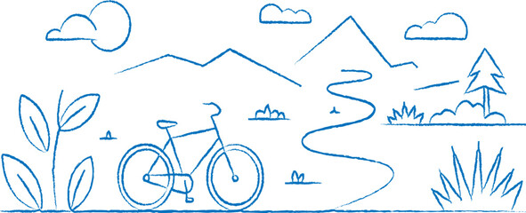 cycling landscape line art illustration with mountains and trees