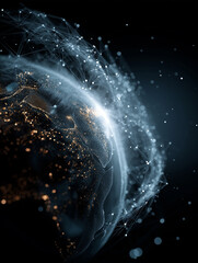 World connectivity and digital data: The earth is wrapped in digital lines and nodes, depicting the interconnectedness of data, information, and global communication in a futuristic vision.