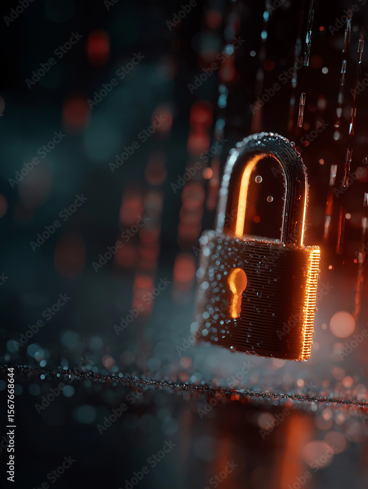 Poster digital fortress: a secure digital lock glows intensely, emphasizing the importance of security in t