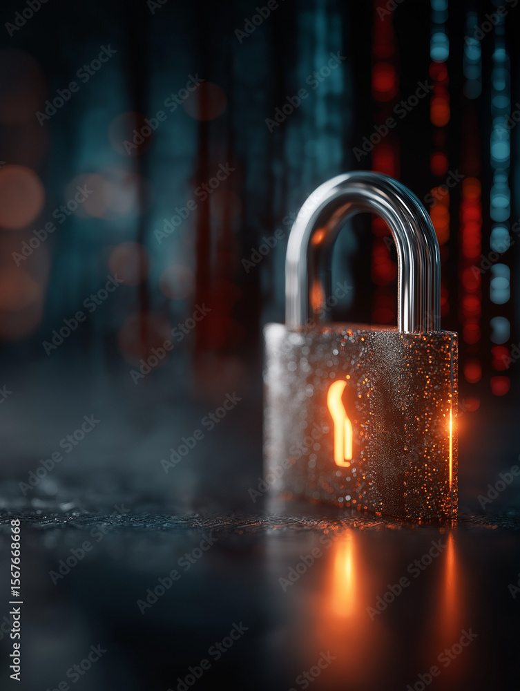 Poster digital fortress: a gleaming padlock stands resilient, safeguarding data within a digital world of i