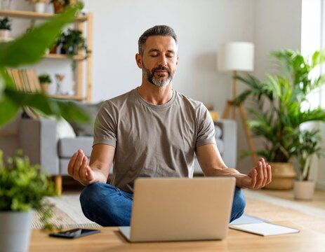 Una persona meditando frente al ordenador port&aacute;til. Salud, bienestar, oficina