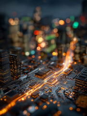 City of Tomorrow: A close-up shot reveals a futuristic city illuminated by vibrant lights and the interconnected circuitry, illustrating the convergence of urban life and technological innovation.