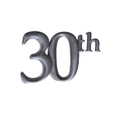 Number 30th 3D render with silver color	
