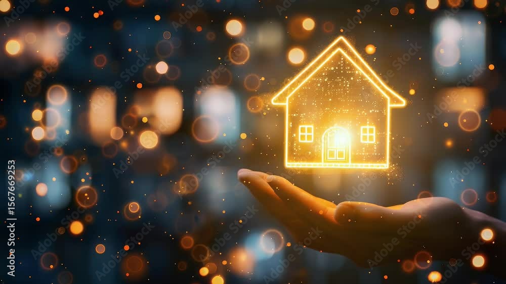Aufkleber glowy house outline floating above a hand against a blurred background with bokeh lights representin