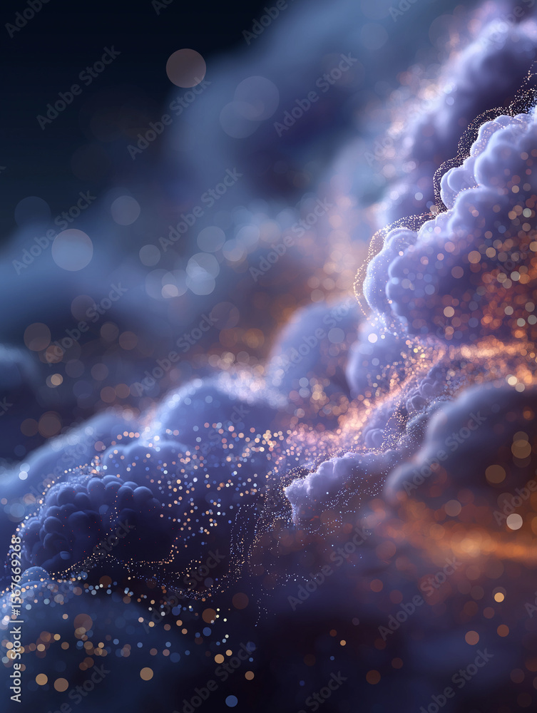 Poster celestial cloudscape: an ethereal cloudscape illuminated with twinkling light, capturing a sense of 