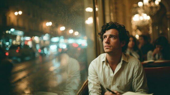 Contemplative Man in Cafe Gazing at Rainy Cityscape Through Window