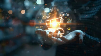 Woman's hand cradles a glowing shopping cart illustration surrounded by digital icons on a blurred background representing online shopping and e-commerce. - Powered by Adobe