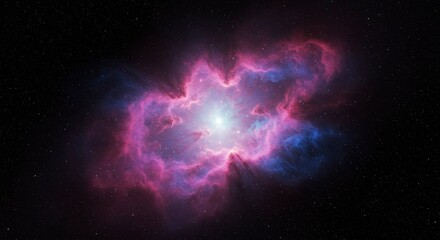 Obraz premium Glowing nebula with pink and blue hues, radiating light from central core against a dark space backdrop