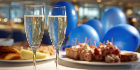 Champagne glasses and a buffet with blue balloons on a white table