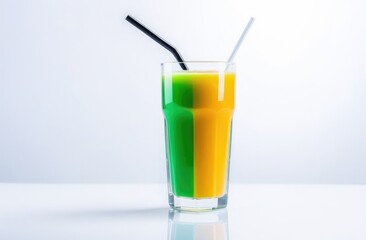 a glass of green and yellow juice on a white background, two different drinks in one glass, a straw in a glass, cucumber and orange juice