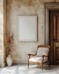 Cozy interior with a chair, blank frame, and decorative plant.