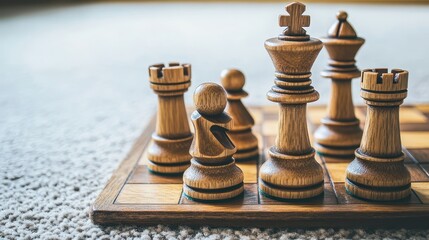 Wooden chess pieces on a board with a textured carpet background