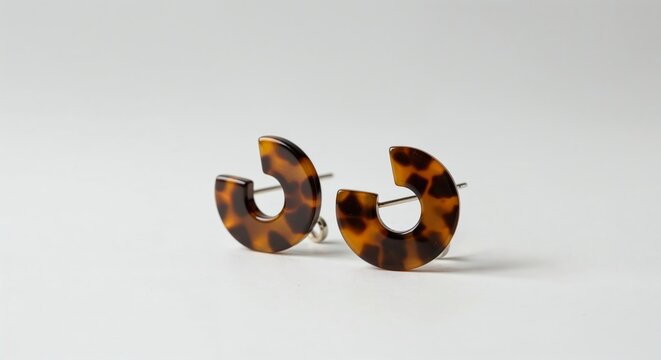 Pair of tortoiseshell earrings isolated on seamless white side view, resin texture detail