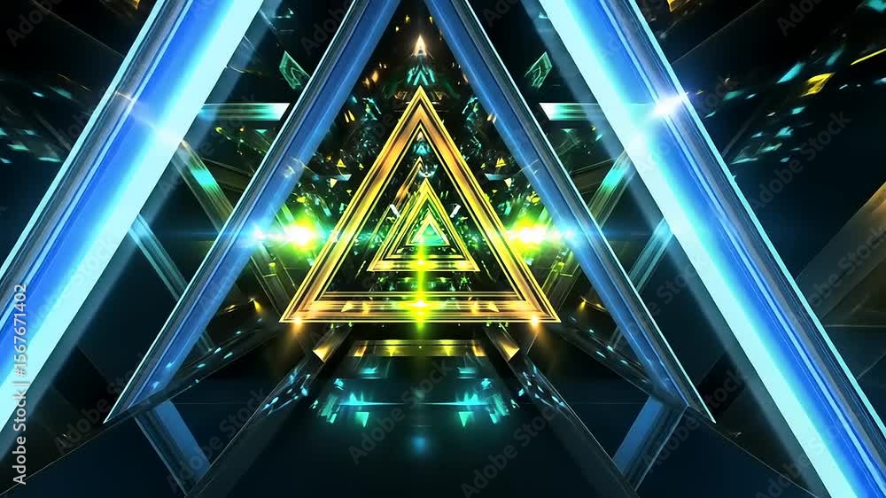 Poster vivid geometric tunnel with glowing triangles and dynamic lights creating a futuristic atmosphere