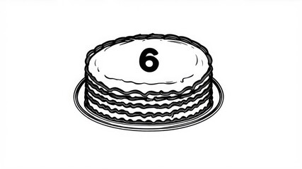Birthday cake, burning candle, Happy First Birthday badge. Cake with a candle in the form of a number 6