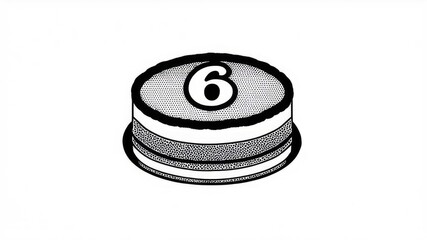 Birthday cake, burning candle, Happy First Birthday badge. Cake with a candle in the form of a number 6