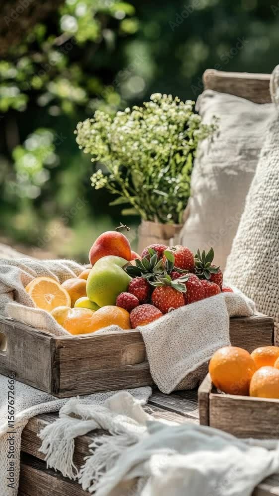 Poster fruit stored in wooden crates on a table