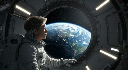 Astronaut gazing at Earth from space station