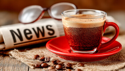 Coffee in a glass cup with a red saucer, a newspaper, and sunglasses on a rustic table