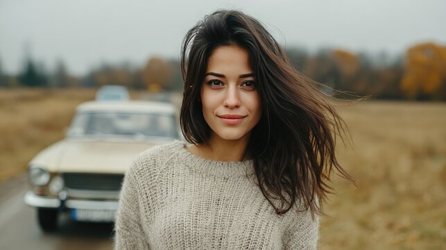 Fototapeta Woman in Cozy Sweater Smiling in Front of Vintage Car on Overcast Day in Autumn Countryside
