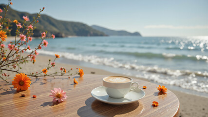 cup of coffee on the beach