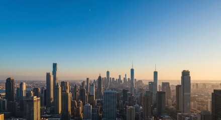 Obraz premium Cityscape at sunset. Skyscrapers line the horizon under a clear sky