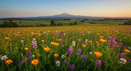 Fototapeta premium Vibrant wildflowers blanket a field at sunrise, with a mountain range in the background