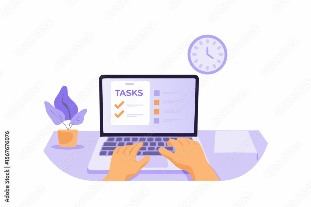 Poster hands typing on laptop with tasks list and clock symbolizing time management