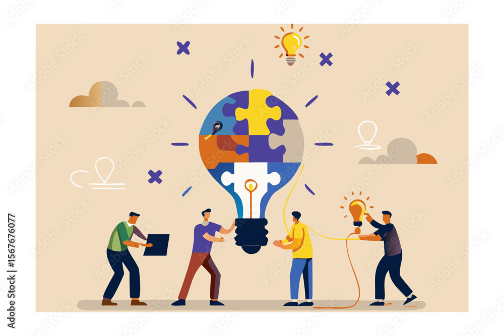 Poster teamwork and collaboration to create a bright idea represented by a puzzle lightbulb