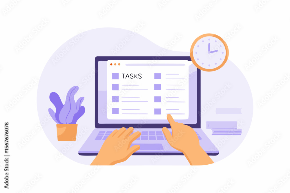Poster person using a laptop to manage tasks with a clock indicating time management